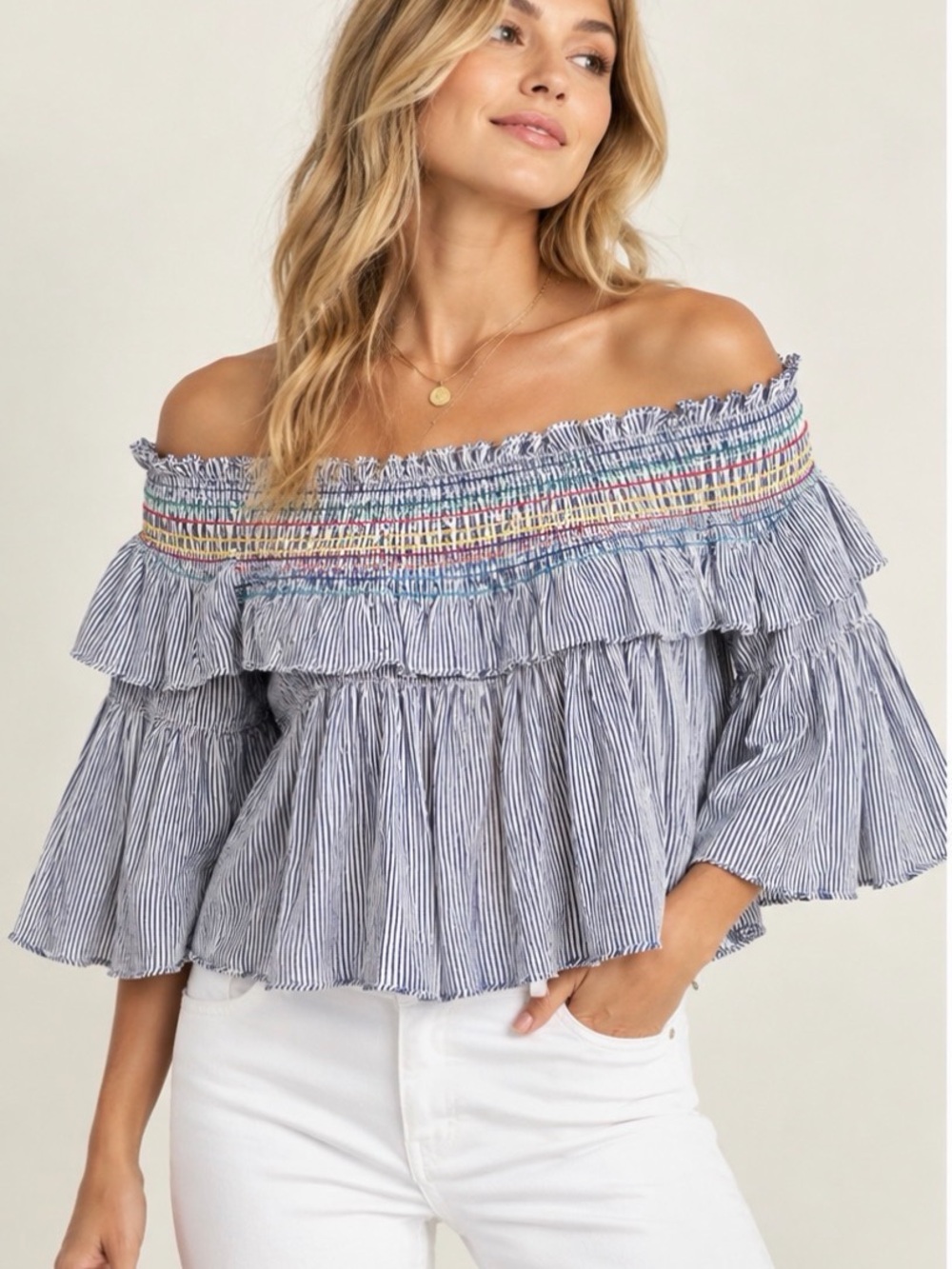 Vintage Havana Blue and White Striped Smocked Off-Shoulder Ruffle Top